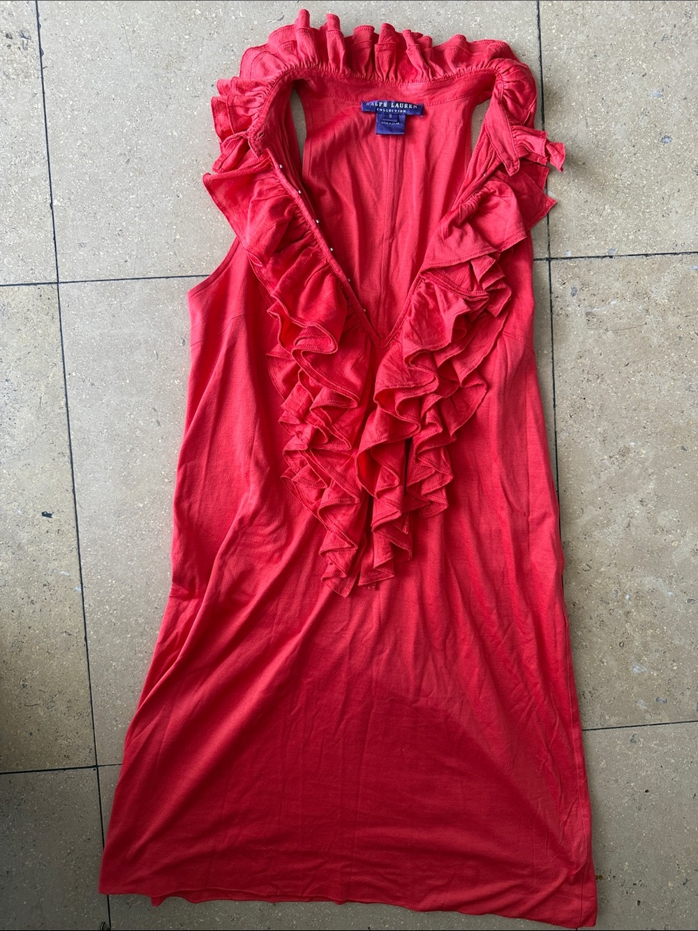 Ralph Lauren Purple Label Coral Red Ruffled Sleeveless Mini Dress